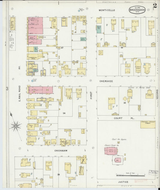 Sanborn Fire Insurance Map from Brookhaven, Lincoln County, Mississippi (1896), Sheet #0002 - Historic Sanborn Fire Insurance Map Print, vintage old map wall art, antique decor, genealogy gift, Mississippi Mississippi map