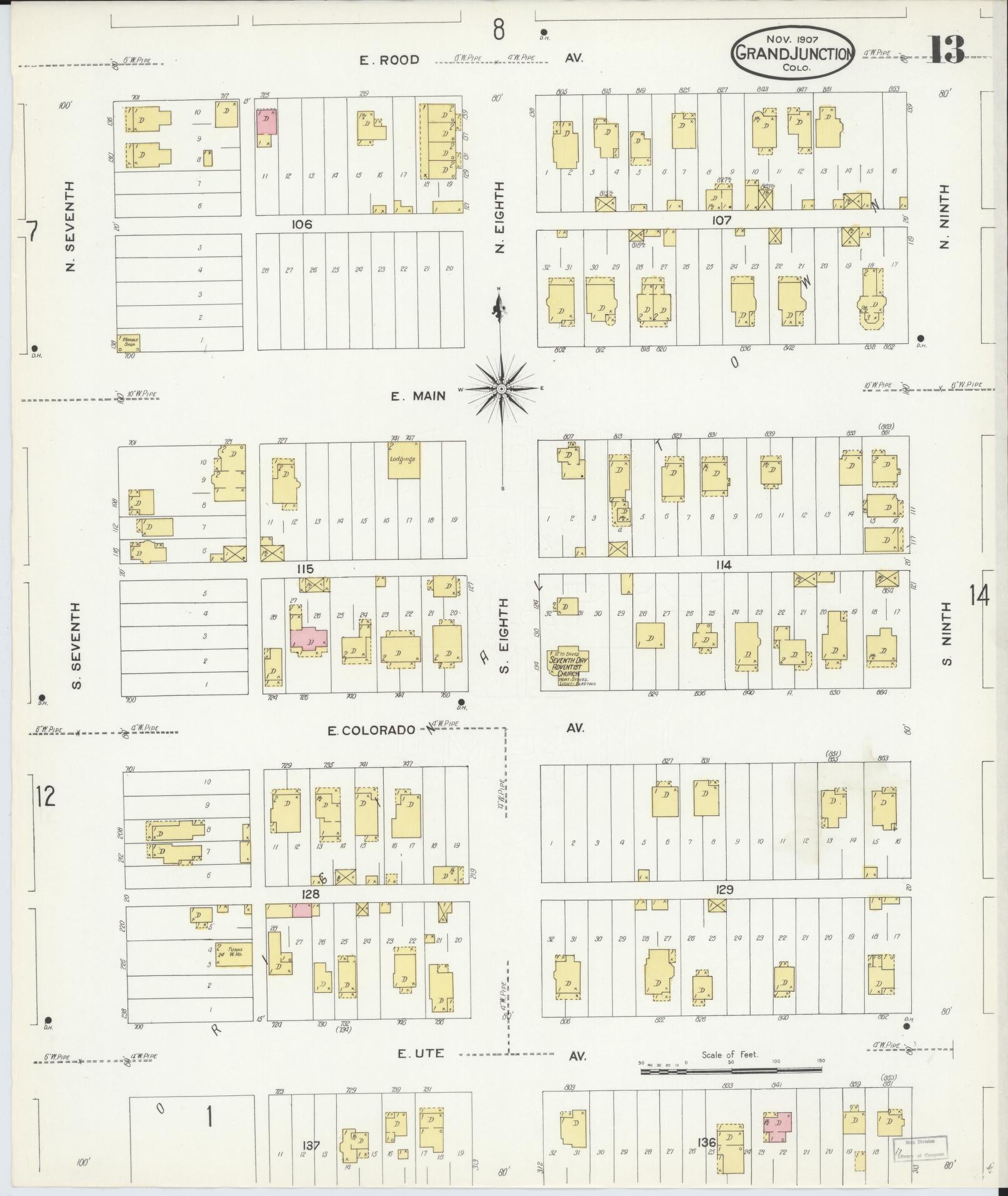 Sanborn Fire Insurance Map from Grand Junction, Mesa County, Colorado (1907), Sheet #0013 - Historic Sanborn Fire Insurance Map Print, vintage old map wall art, antique decor, genealogy gift, Colorado Colorado map
