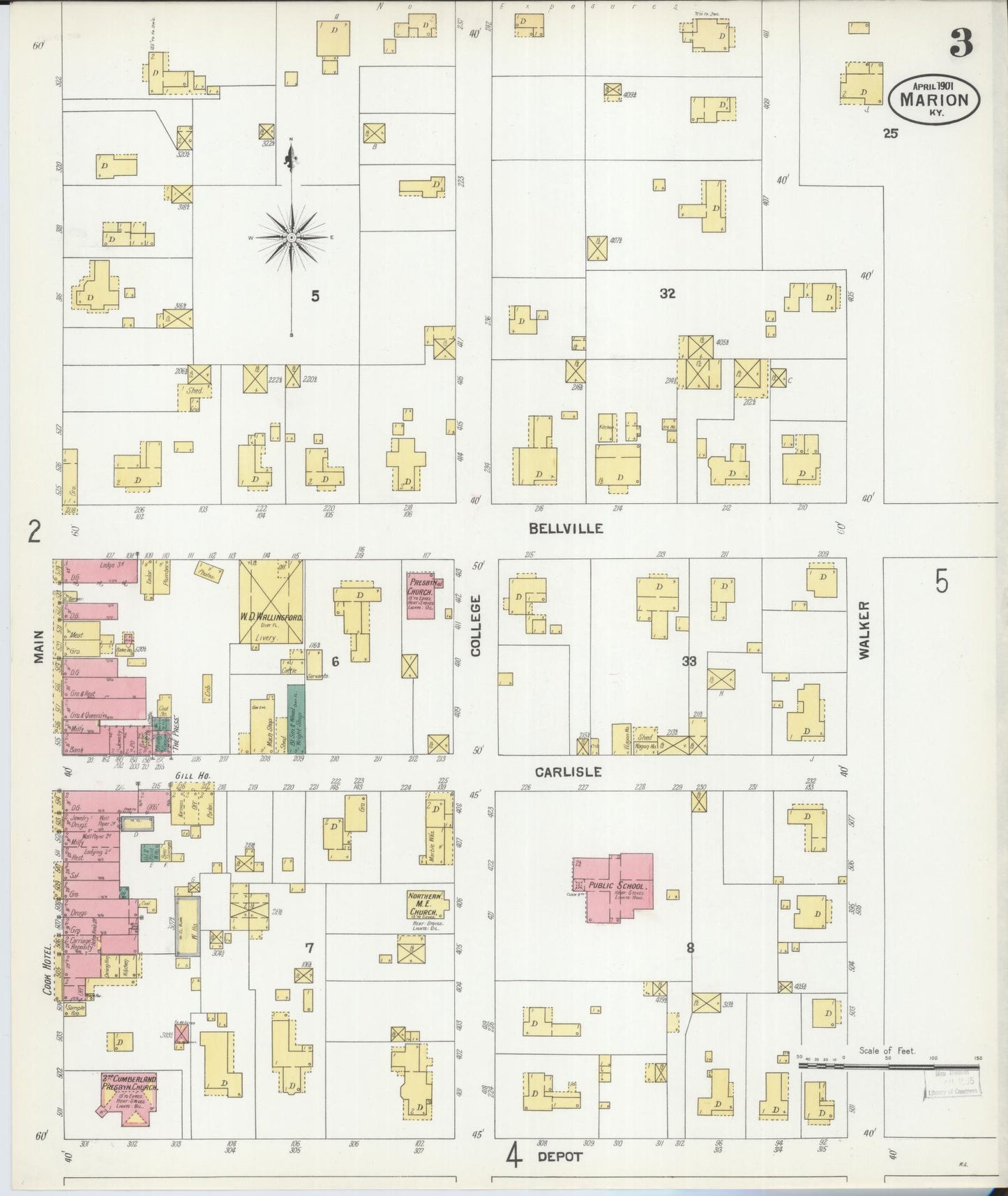 Sanborn Fire Insurance Map from Marion, Crittenden County, Kentucky (1901), Sheet #0003 - Complete Map Set gallery image, historic Sanborn map, vintage wall art, Kentucky Kentucky