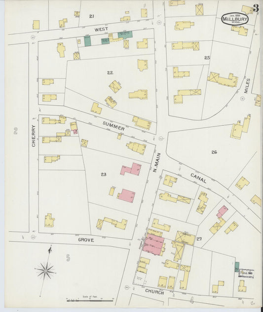 Sanborn Fire Insurance Map from Millbury, Worcester County, Massachusetts (1894), Sheet #0003 - Historic Sanborn Fire Insurance Map Print, vintage old map wall art, antique decor, genealogy gift, Massachusetts Massachusetts map