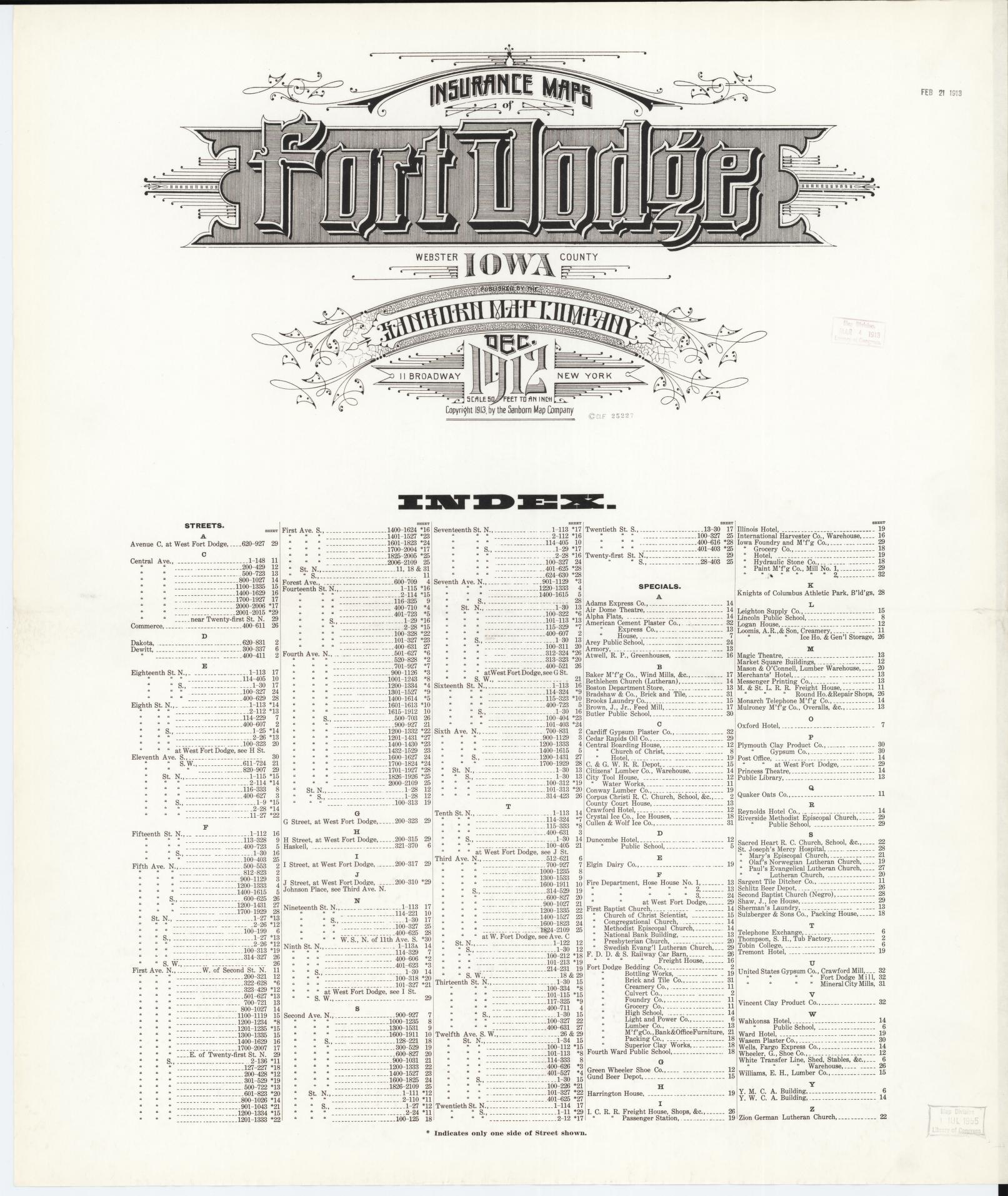 Sanborn Fire Insurance Map from Fort Dodge, Webster County, Iowa (1912), Sheet #0001 - Historic Sanborn Fire Insurance Map Print, vintage old map wall art
