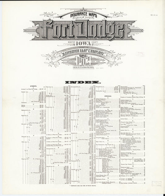Sanborn Fire Insurance Map from Fort Dodge, Webster County, Iowa (1912), Sheet #0001 - Historic Sanborn Fire Insurance Map Print, vintage old map wall art