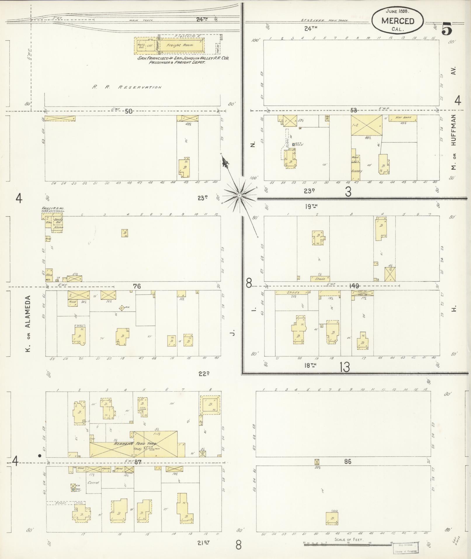 Sanborn Fire Insurance Map from Merced, Merced County, California (1898), Sheet #0005 - Historic Sanborn Fire Insurance Map Print, vintage old map wall art, antique decor, genealogy gift, California California map