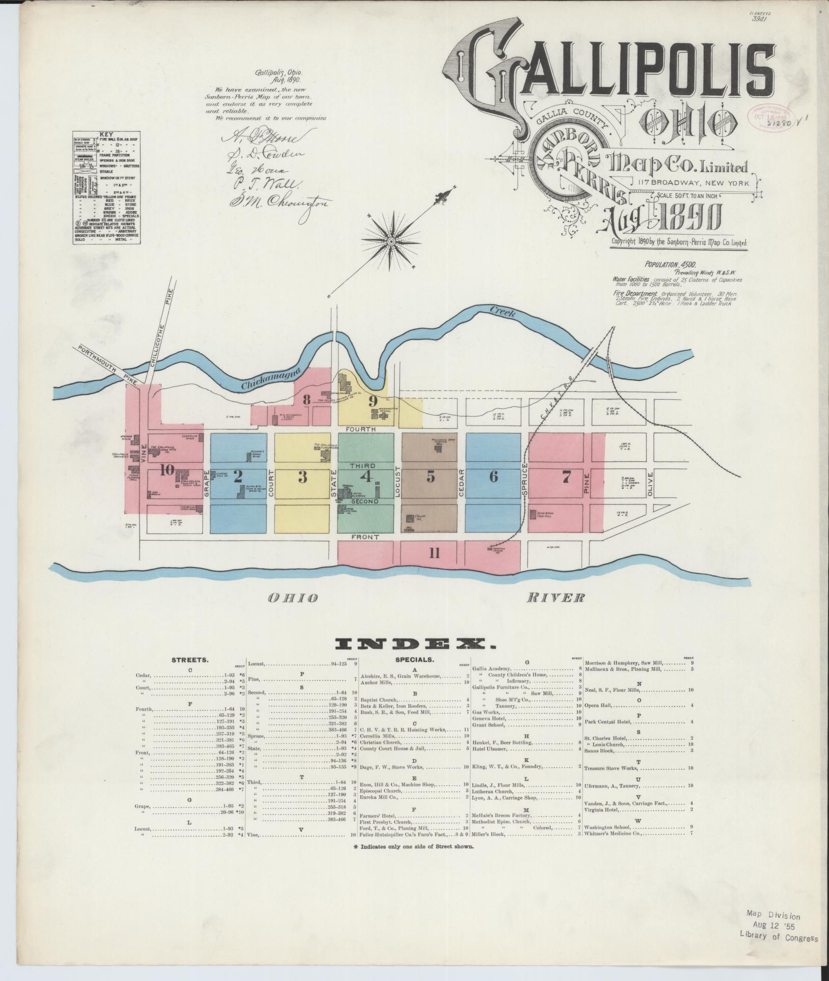 Sanborn Fire Insurance Map from Gallipolis, Gallia County, Ohio (1890), Sheet #0001 - Historic Sanborn Fire Insurance Map Print, vintage old map wall art, antique decor, genealogy gift, Ohio Ohio map
