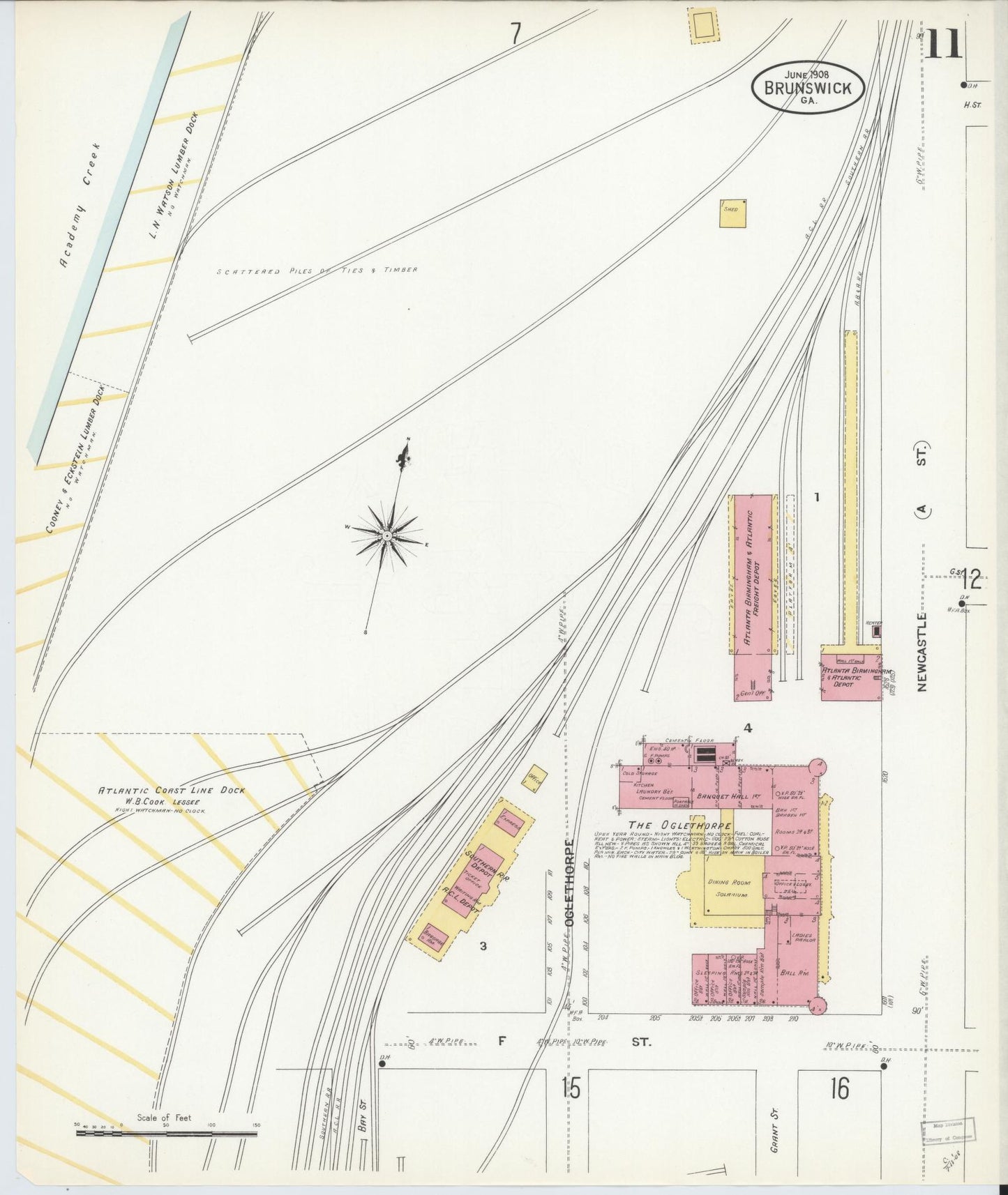 Sanborn Fire Insurance Map from Brunswick, Glynn County, Georgia (1908), Sheet #0011 - Historic Sanborn Fire Insurance Map Print, vintage old map wall art, antique decor, genealogy gift, Georgia Georgia map