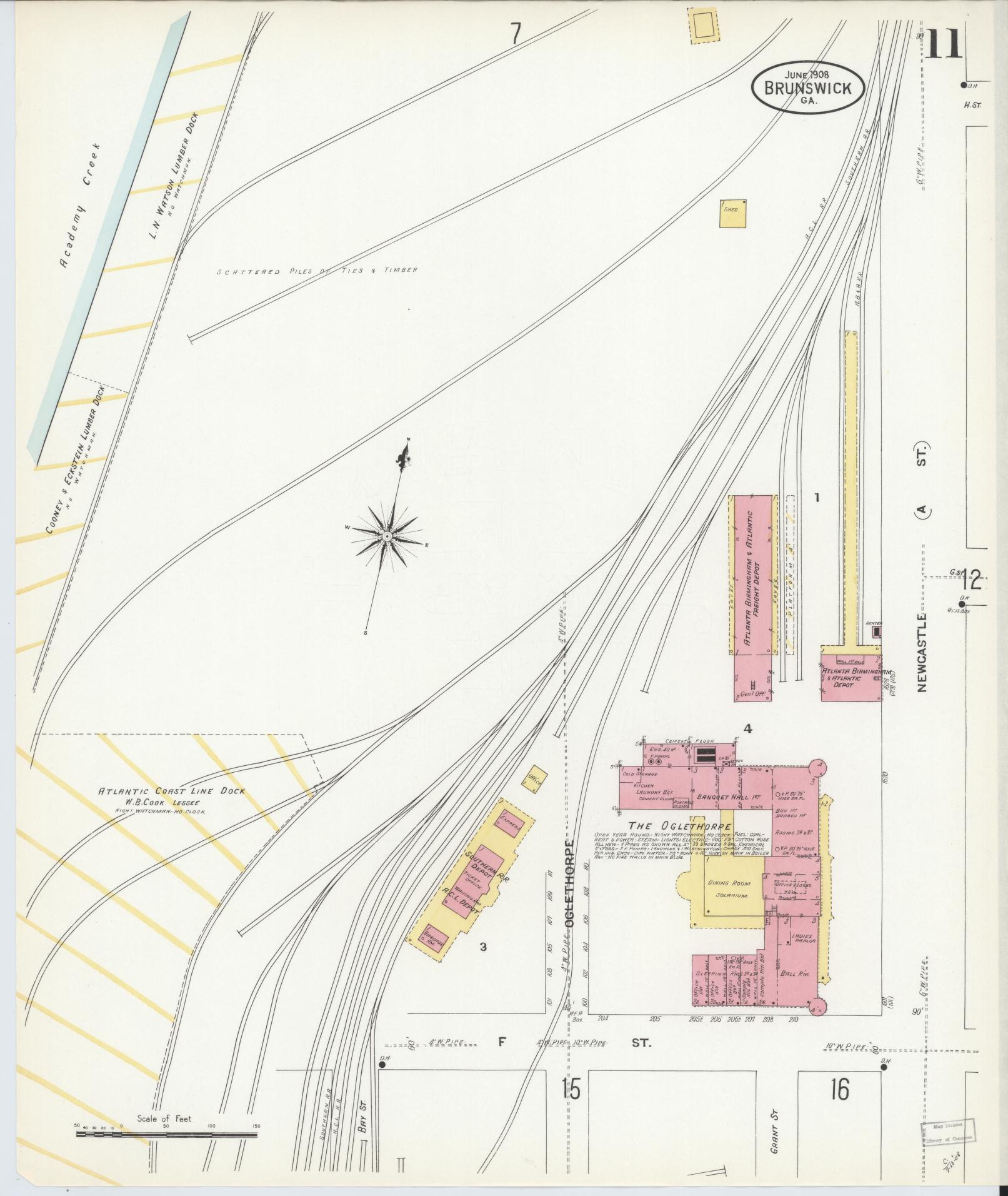 Sanborn Fire Insurance Map from Brunswick, Glynn County, Georgia (1908), Sheet #0011 - Historic Sanborn Fire Insurance Map Print, vintage old map wall art, antique decor, genealogy gift, Georgia Georgia map