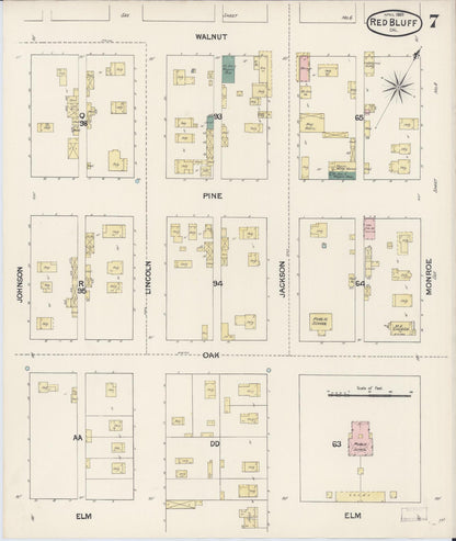Sanborn Fire Insurance Map from Red Bluff, Tehama County, California (1889), Sheet #0007 - Complete Map Set gallery image, historic Sanborn map, vintage wall art, California California