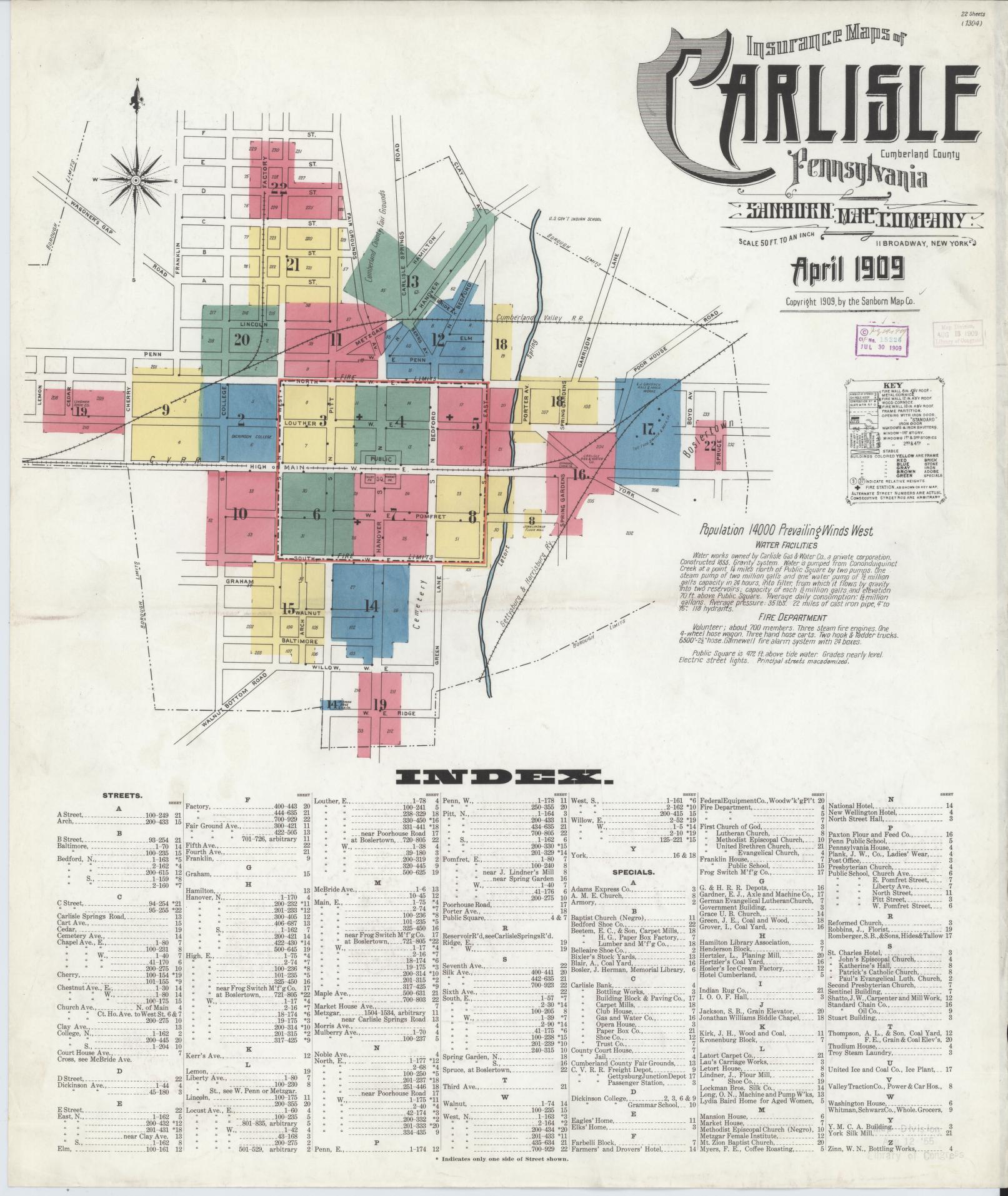 Sanborn Fire Insurance Map from Carlisle, Cumberland County, Pennsylvania (1909), Sheet #0001 - Historic Sanborn Fire Insurance Map Print, vintage old map wall art, antique decor, genealogy gift, Pennsylvania Pennsylvania map