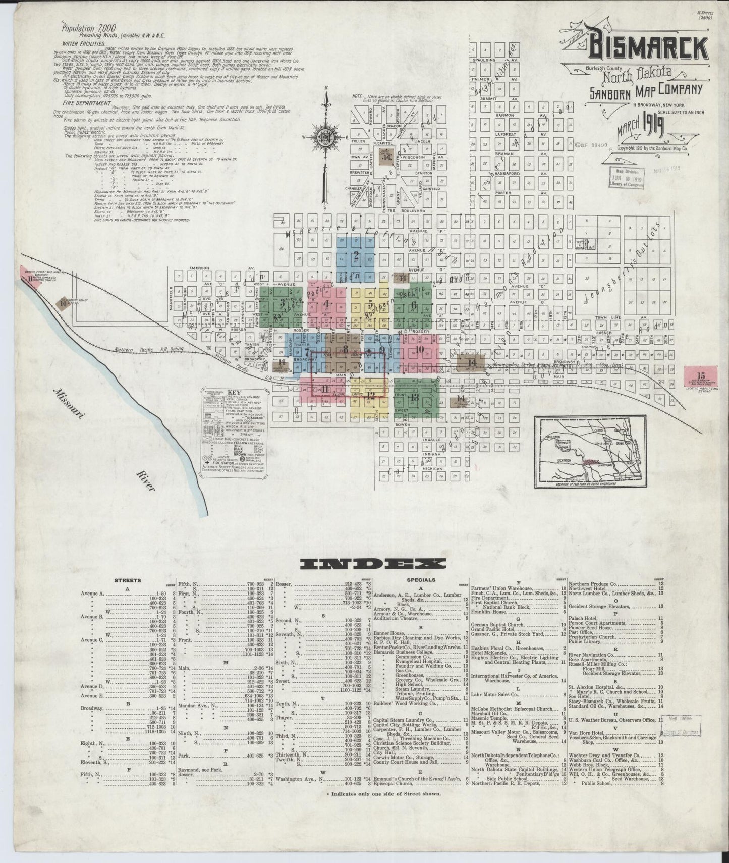Sanborn Fire Insurance Map from Bismarck, Burleigh County, North Dakota (1919), Sheet #0001 - Complete Map Set gallery image, historic Sanborn map, vintage wall art, North Dakota North Dakota