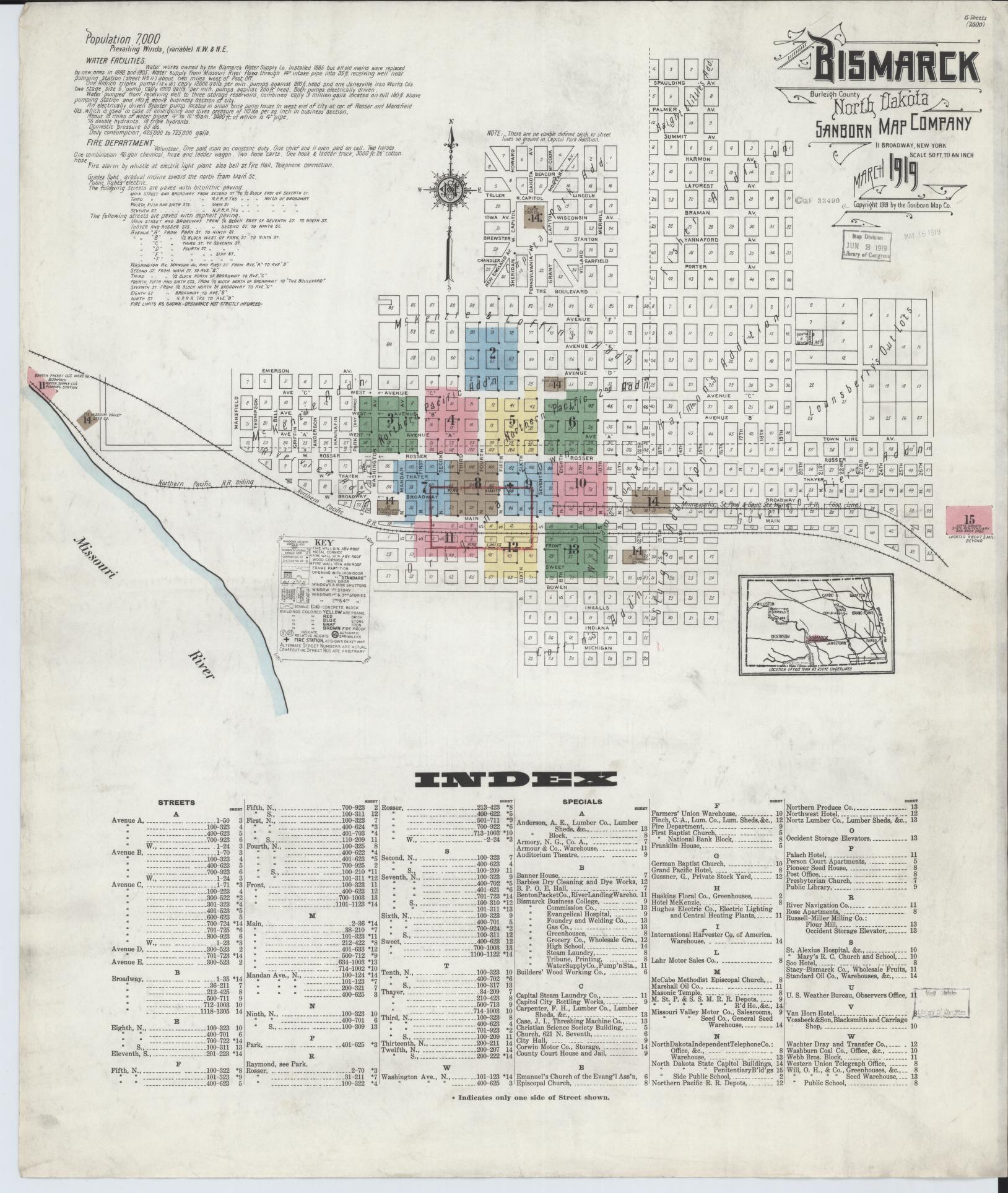 Sanborn Fire Insurance Map from Bismarck, Burleigh County, North Dakota (1919), Sheet #0001 - Complete Map Set gallery image, historic Sanborn map, vintage wall art, North Dakota North Dakota