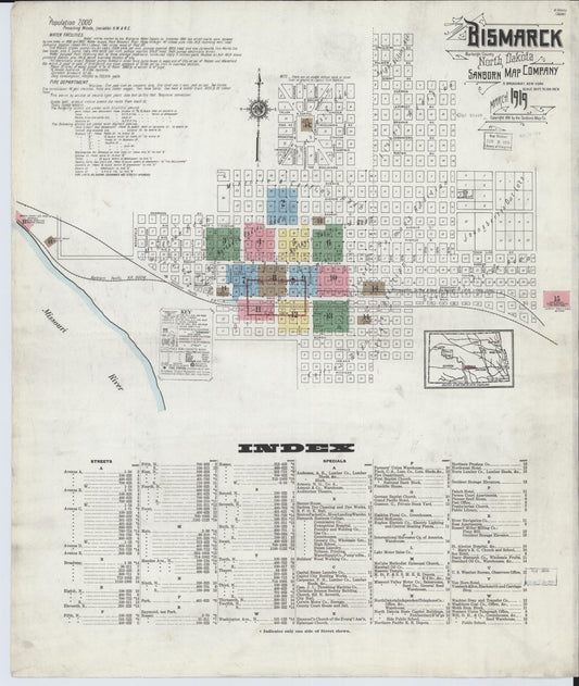 Sanborn Fire Insurance Map from Bismarck, Burleigh County, North Dakota (1919), Sheet #0001 - Complete Map Set gallery image, historic Sanborn map, vintage wall art, North Dakota North Dakota