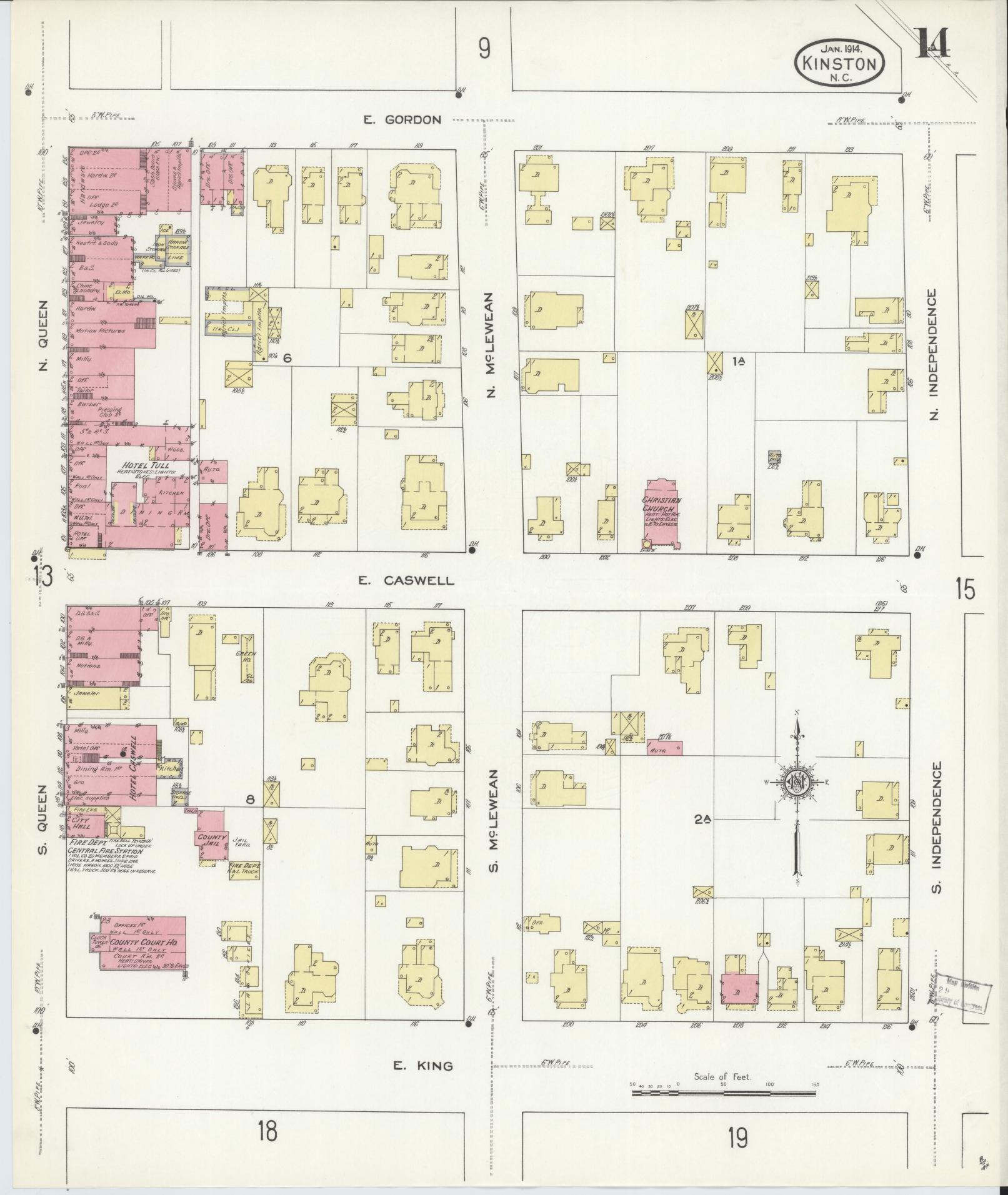 Sanborn Fire Insurance Map from Kinston, Lenoir County, North Carolina (1914), Sheet #0014 - Historic Sanborn Fire Insurance Map Print, vintage old map wall art, antique decor, genealogy gift, North Carolina North Carolina map