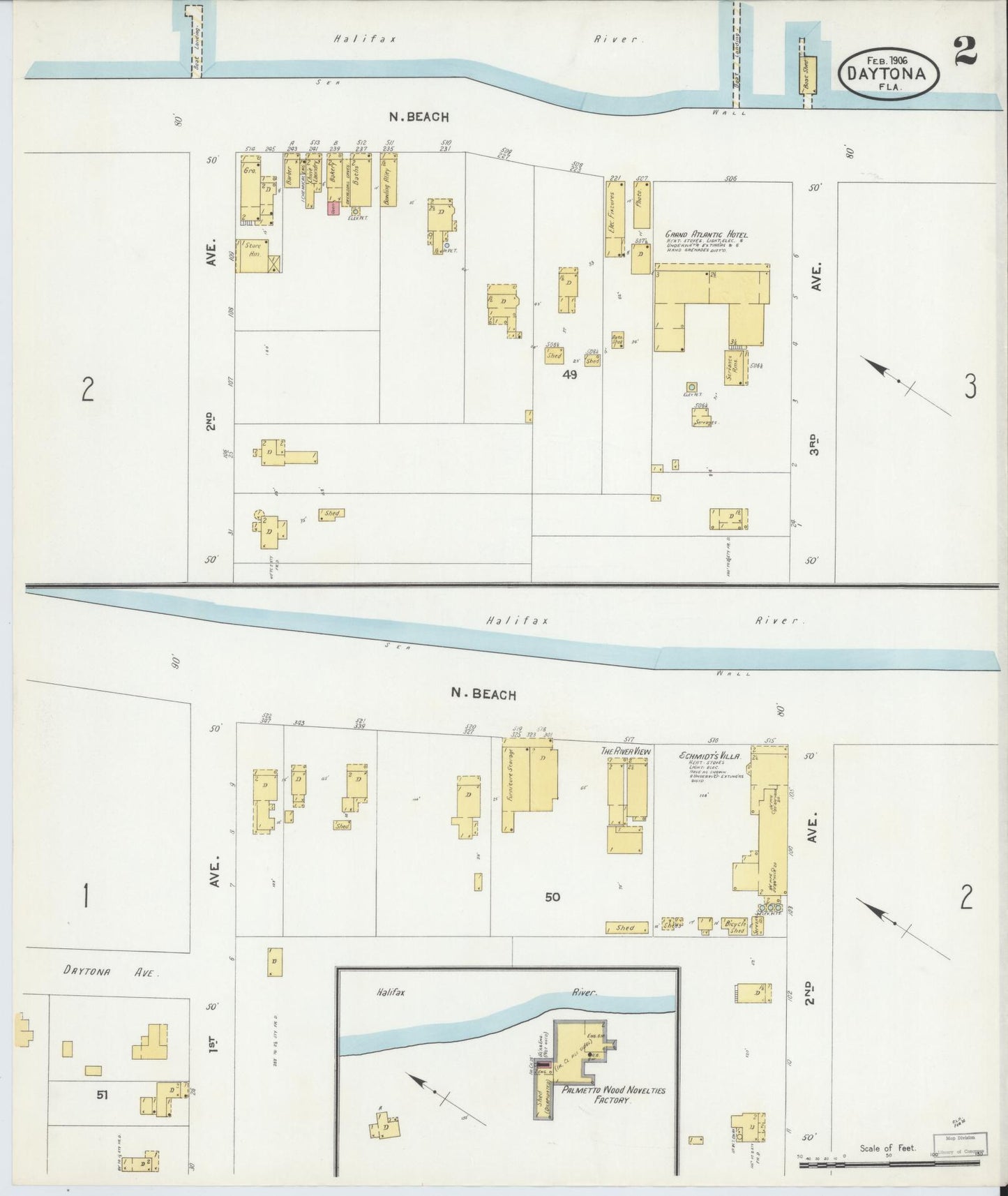 Sanborn Fire Insurance Map from Daytona, Volusia County, Florida (1906), Sheet #0002 - Complete Map Set gallery image, historic Sanborn map, vintage wall art, Florida Florida