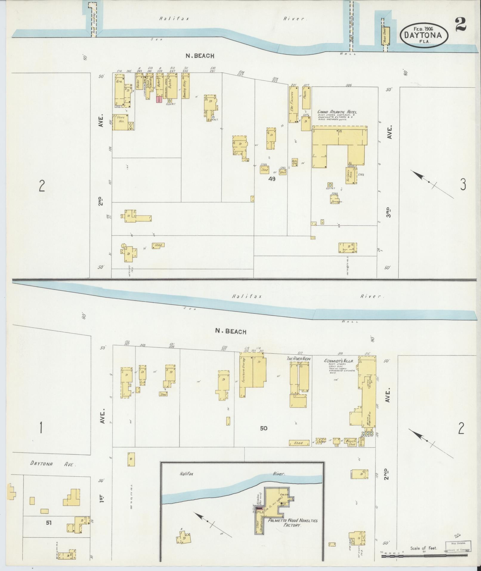 Sanborn Fire Insurance Map from Daytona, Volusia County, Florida (1906), Sheet #0002 - Complete Map Set gallery image, historic Sanborn map, vintage wall art, Florida Florida