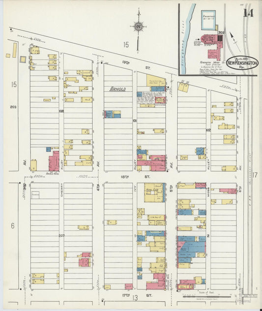 Sanborn Fire Insurance Map from New Kensington, Westmoreland County, Pennsylvania (1921), Sheet #0014 - Historic Sanborn Fire Insurance Map Print, vintage old map wall art, antique decor, genealogy gift, Pennsylvania Pennsylvania map