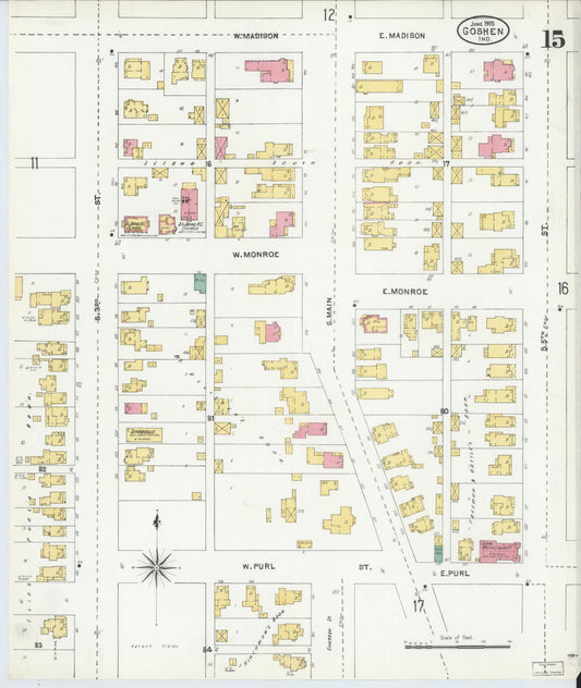 Sanborn Fire Insurance Map from Goshen, Elkhart County, Indiana (1905), Sheet #0015 - Historic Sanborn Fire Insurance Map Print, vintage old map wall art, antique decor, genealogy gift, Indiana Indiana map