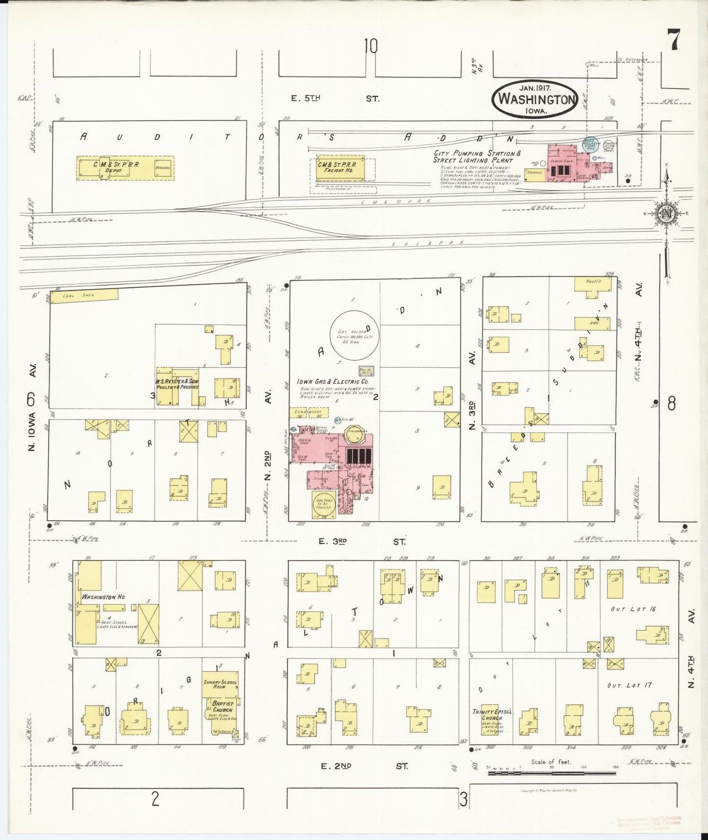 Sanborn Fire Insurance Map from Washington, Washington County, Iowa (1917), Sheet #0007 - Historic Sanborn Fire Insurance Map Print, vintage old map wall art