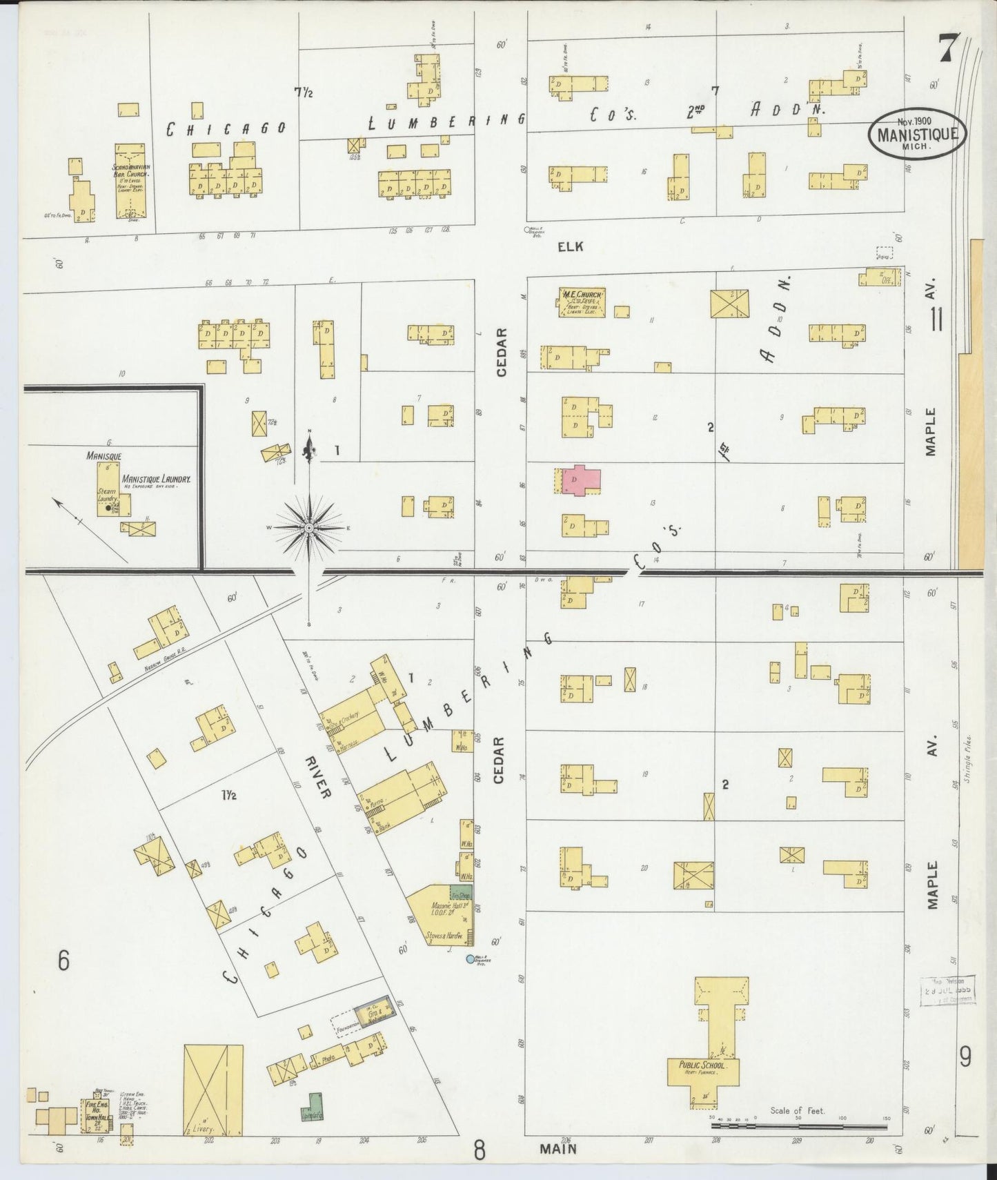 Sanborn Fire Insurance Map from Manistique, Schoolcraft County, Michigan (1900), Sheet #0007 - Complete Map Set gallery image, historic Sanborn map, vintage wall art, Michigan Michigan