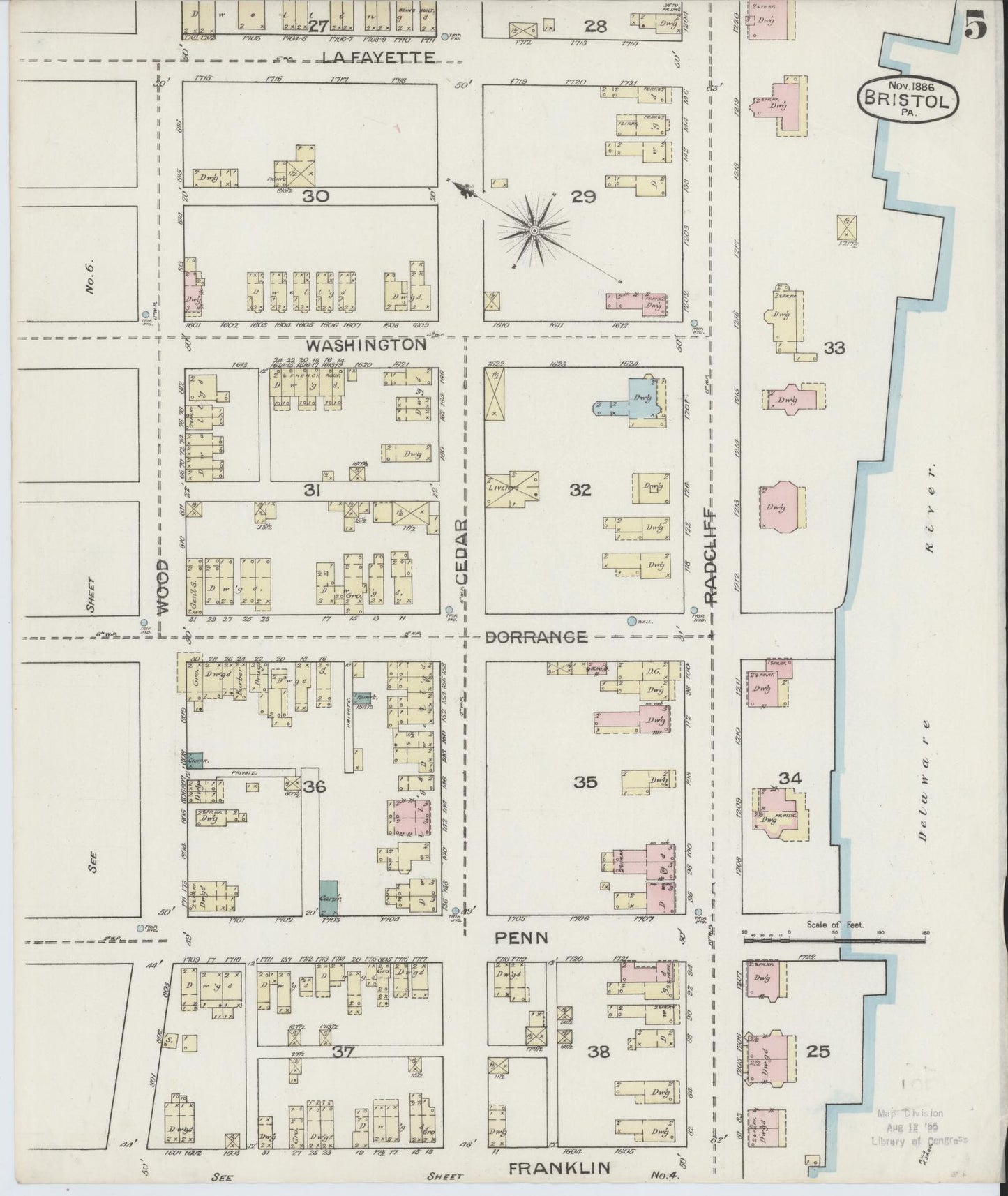 Sanborn Fire Insurance Map from Bristol, Bucks County, Pennsylvania (1886), Sheet #0005 - Historic Sanborn Fire Insurance Map Print, vintage old map wall art, antique decor, genealogy gift, Pennsylvania Pennsylvania map
