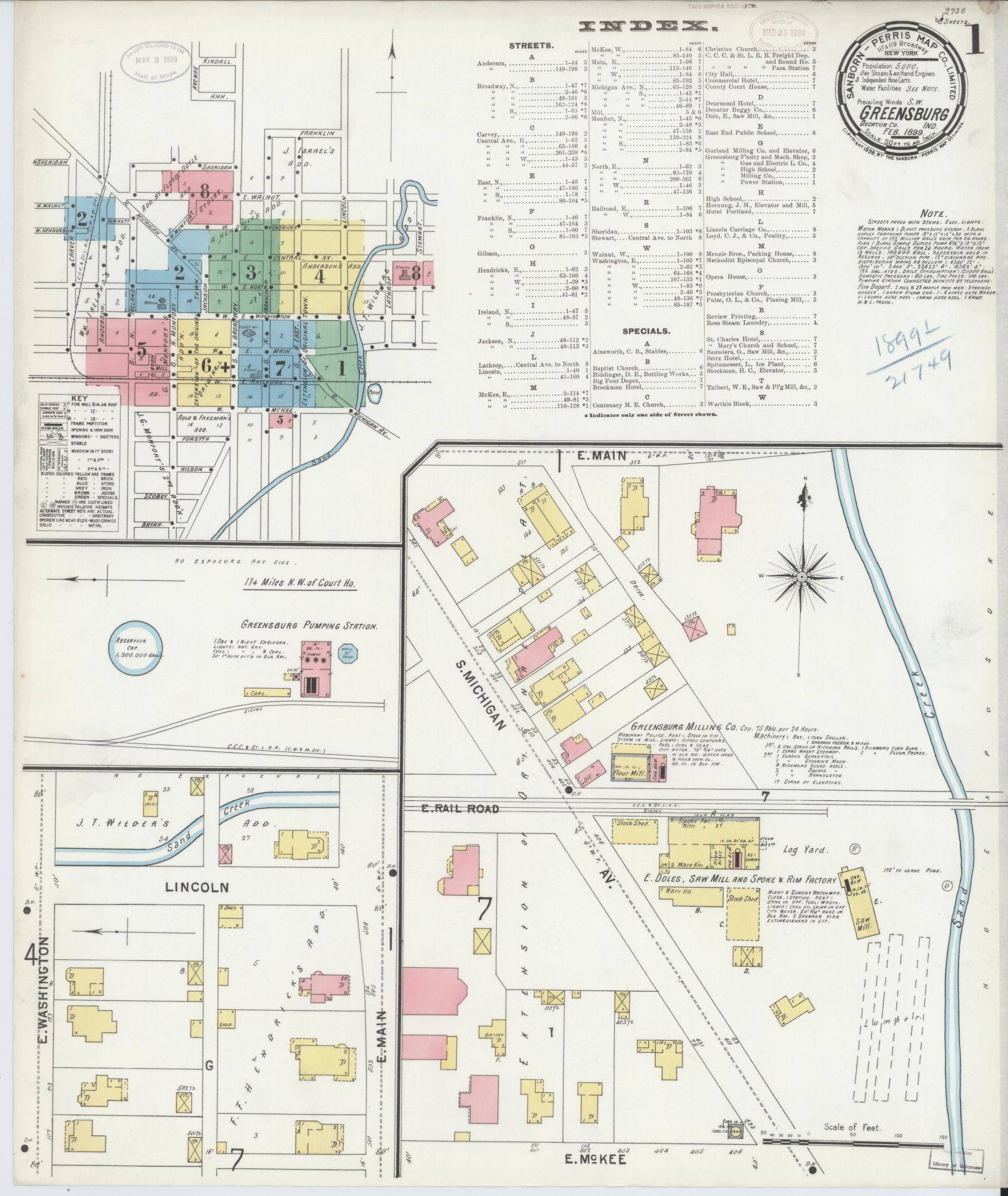 Sanborn Fire Insurance Map from Greensburg, Decatur County, Indiana (1899), Sheet #0001 - Complete Map Set gallery image, historic Sanborn map, vintage wall art, Indiana Indiana