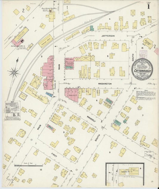 Sanborn Fire Insurance Map from Cattaraugus, Cattaraugus County, New York (1907), Sheet #0001 - Complete Map Set gallery image, historic Sanborn map, vintage wall art, New York New York