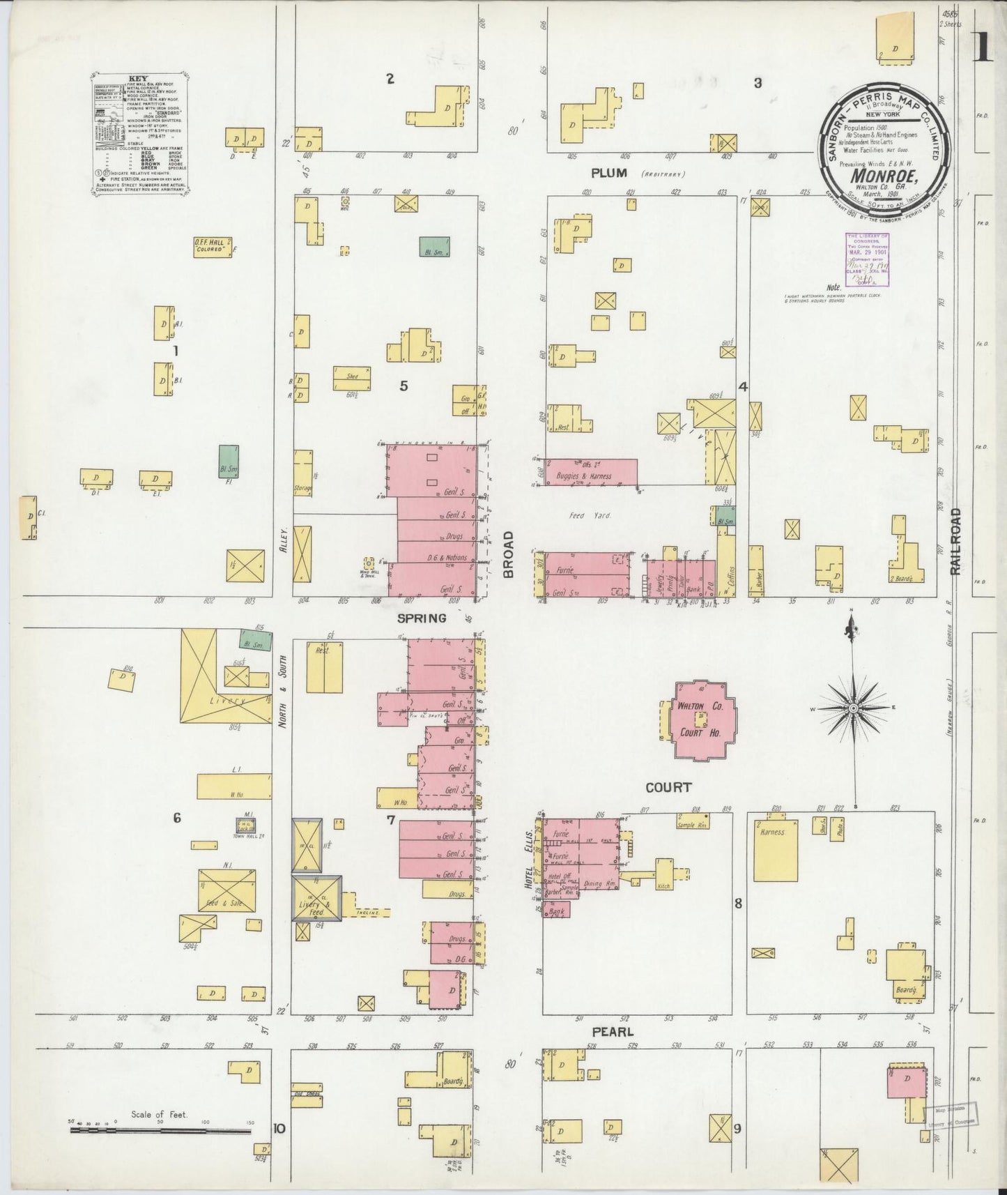 Sanborn Fire Insurance Map from Monroe, Walton County, Georgia (1901), Sheet #0001 - Historic Sanborn Fire Insurance Map Print, vintage old map wall art, antique decor, genealogy gift, Georgia Georgia map