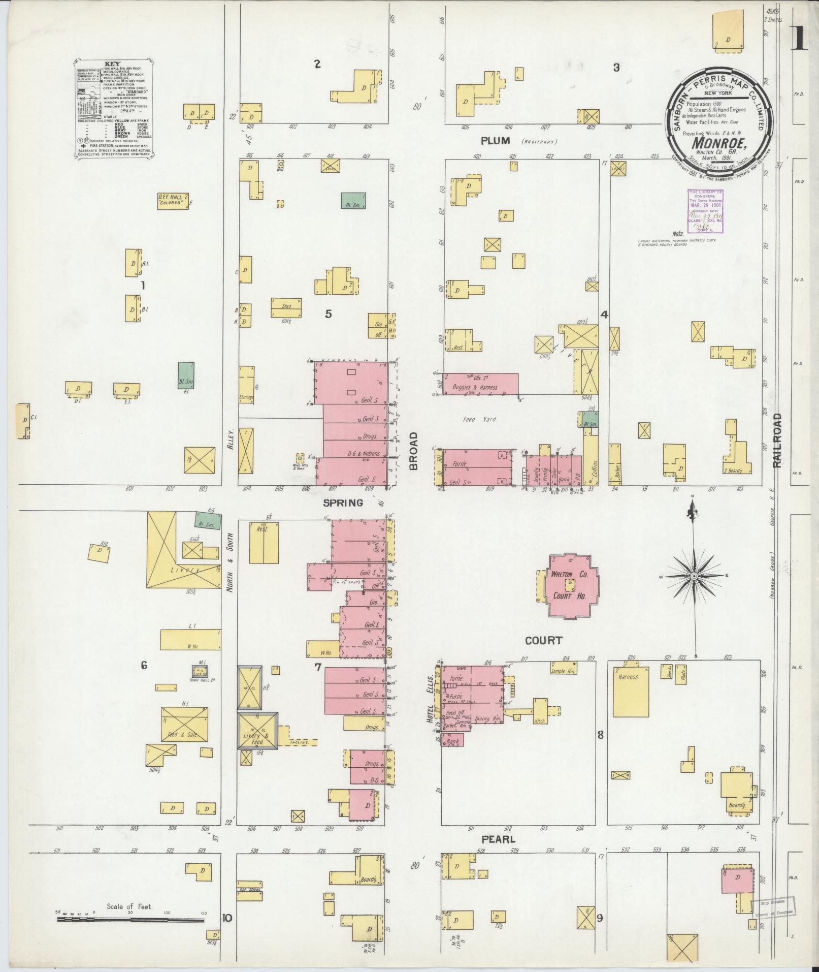 Sanborn Fire Insurance Map from Monroe, Walton County, Georgia (1901), Sheet #0001 - Historic Sanborn Fire Insurance Map Print, vintage old map wall art, antique decor, genealogy gift, Georgia Georgia map