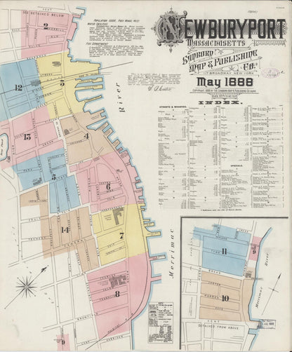 Sanborn Fire Insurance Map from Newburyport, Essex County, Massachusetts (1888), Sheet #0001 - Historic Sanborn Fire Insurance Map Print, vintage old map wall art, antique decor, genealogy gift, Massachusetts Massachusetts map