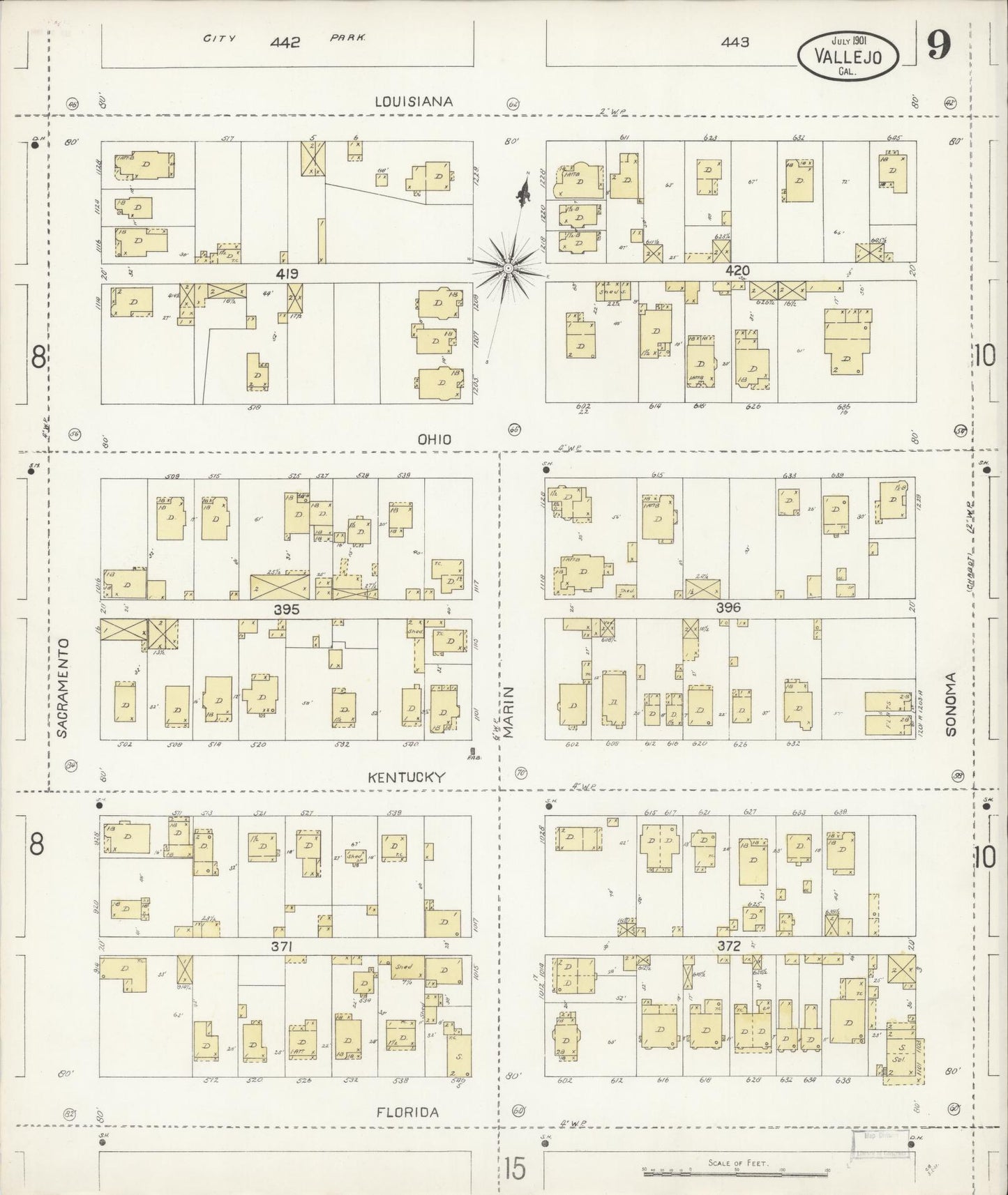 Sanborn Fire Insurance Map from Vallejo, Solano County, California (1901), Sheet #0009 - Complete Map Set gallery image, historic Sanborn map, vintage wall art, California California