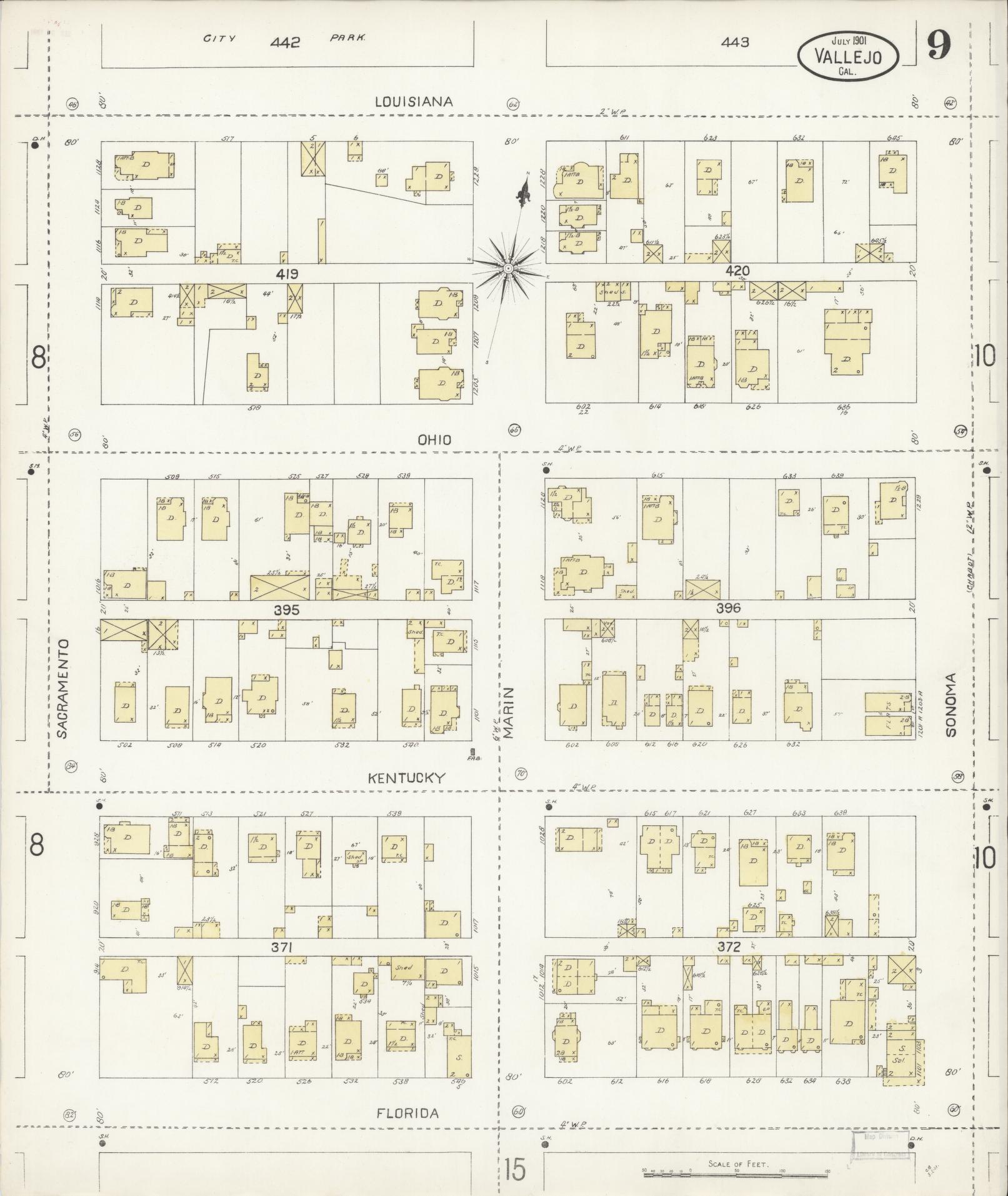 Sanborn Fire Insurance Map from Vallejo, Solano County, California (1901), Sheet #0009 - Complete Map Set gallery image, historic Sanborn map, vintage wall art, California California