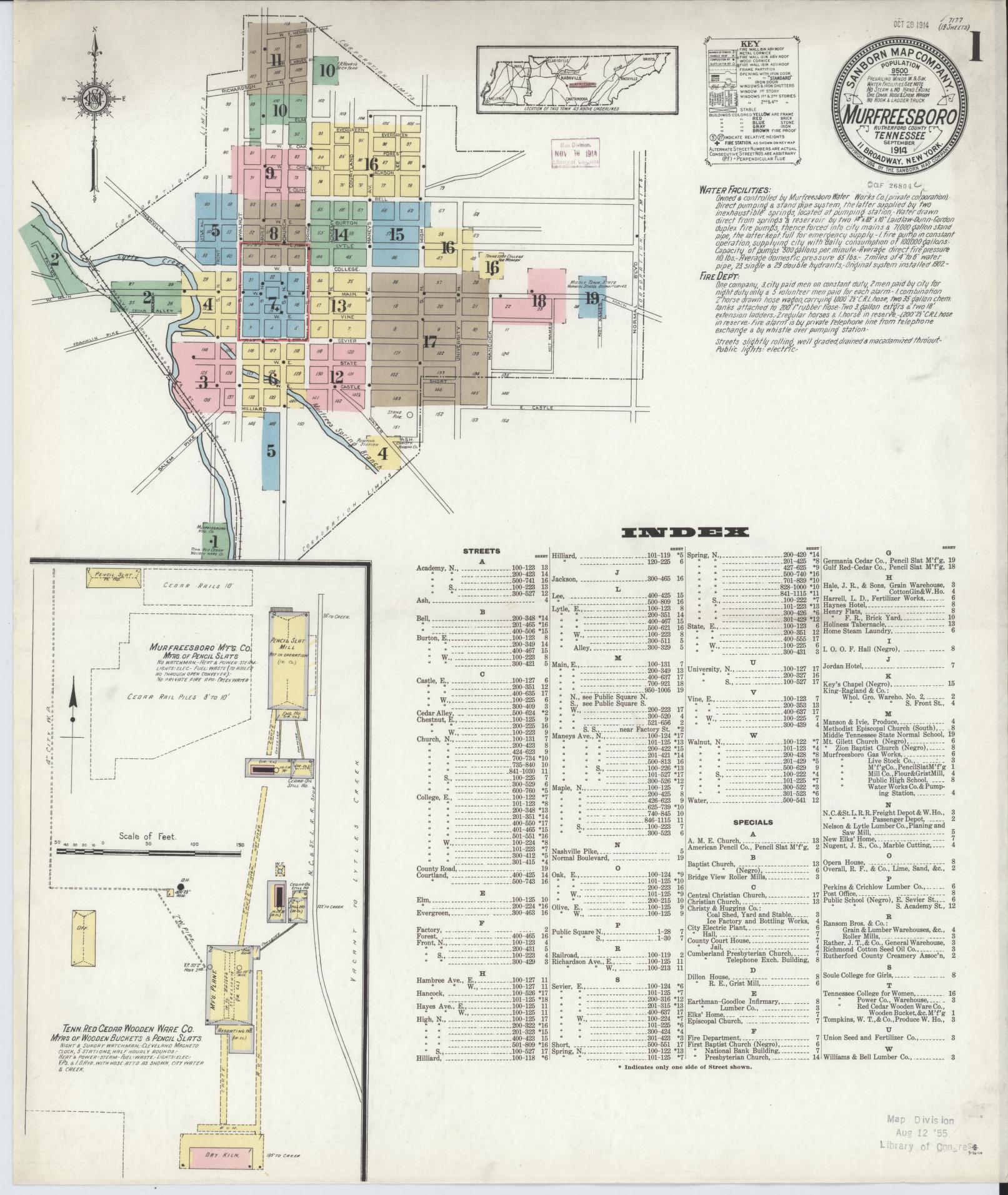 Sanborn Fire Insurance Map from Murfreesboro, Rutherford County, Tennessee (1914), Sheet #0001 - Historic Sanborn Fire Insurance Map Print, vintage old map wall art, antique decor, genealogy gift, Tennessee Tennessee map