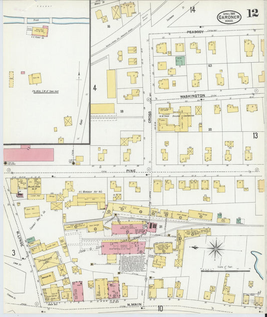 Sanborn Fire Insurance Map from Gardner, Worcester County, Massachusetts (1905), Sheet #0012 - Historic Sanborn Fire Insurance Map Print, vintage old map wall art, antique decor, genealogy gift, Massachusetts Massachusetts map