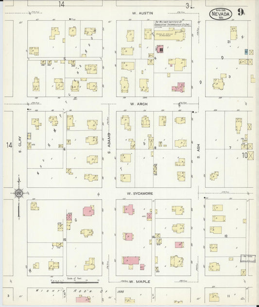 Sanborn Fire Insurance Map from Nevada, Vernon County, Missouri (1914), Sheet #0009 - Historic Sanborn Fire Insurance Map Print, vintage old map wall art, antique decor, genealogy gift, Nevada Nevada map