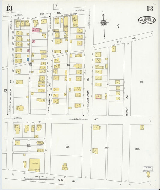 Sanborn Fire Insurance Map from Moundsville, Marshall County, West Virginia (1923), Sheet #0013 - Historic Sanborn Fire Insurance Map Print, vintage old map wall art, antique decor, genealogy gift, West Virginia West Virginia map