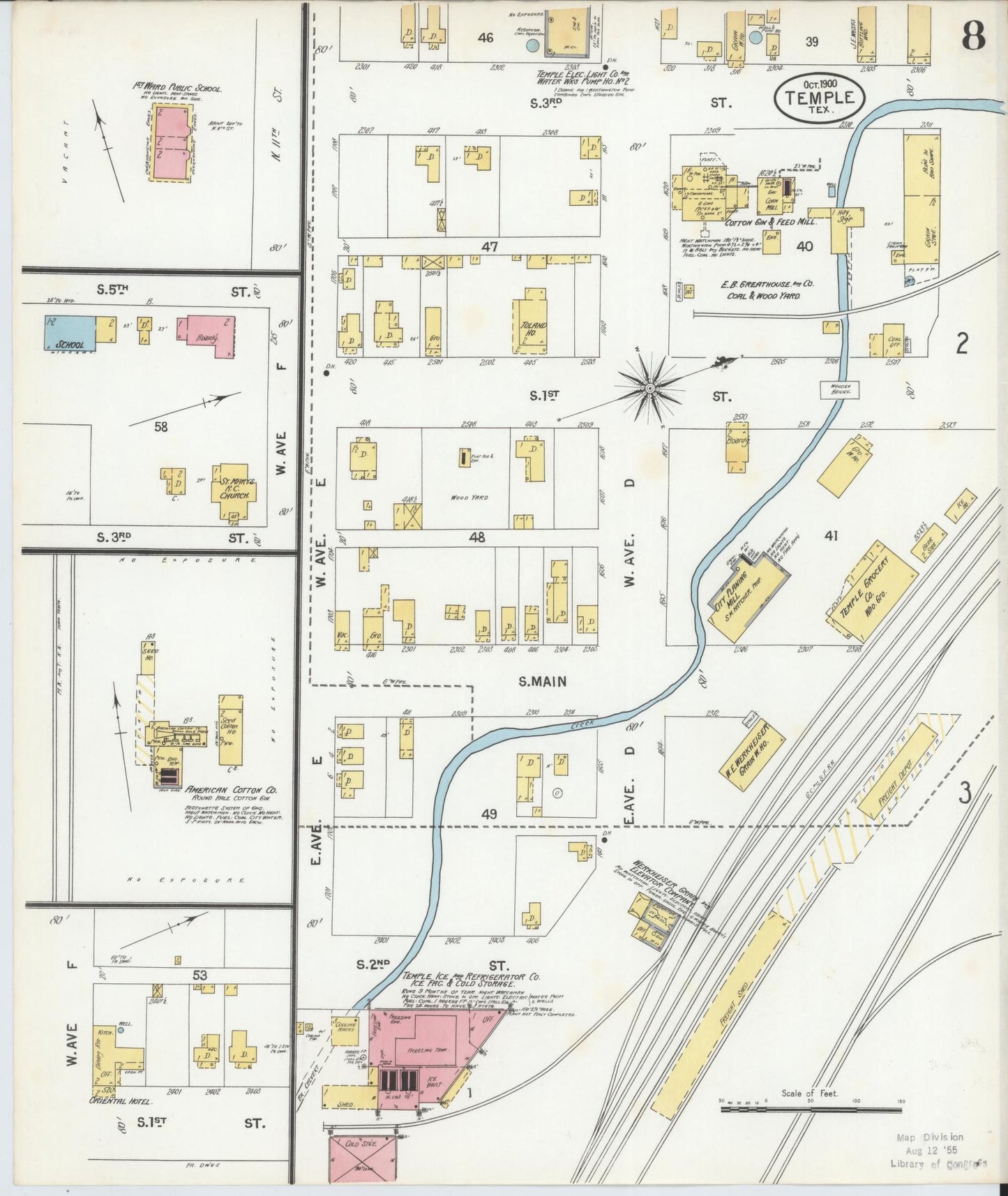Sanborn Fire Insurance Map from Temple, Bell County, Texas (1900), Sheet #0008 - Historic Sanborn Fire Insurance Map Print, vintage old map wall art, antique decor, genealogy gift, Texas Texas map
