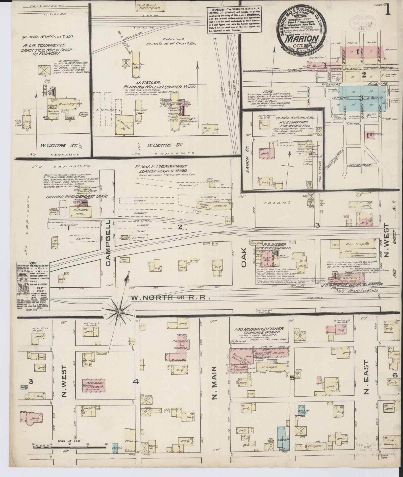 Sanborn Fire Insurance Map from Marion, Marion County, Ohio (1884), Sheet #0001 - Complete Map Set gallery image, historic Sanborn map, vintage wall art, Ohio Ohio