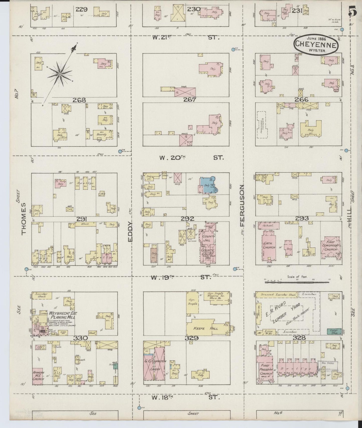Sanborn Fire Insurance Map from Cheyenne, Laramie County, Wyoming (1886), Sheet #0005 - Complete Map Set gallery image, historic Sanborn map, vintage wall art, Wyoming Wyoming