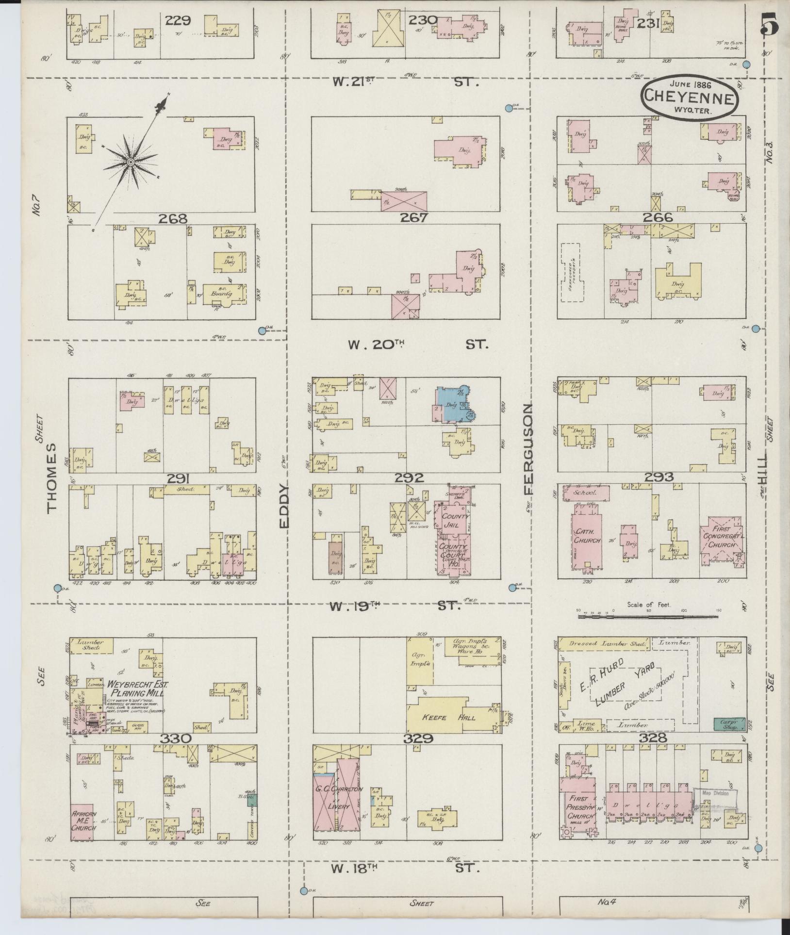 Sanborn Fire Insurance Map from Cheyenne, Laramie County, Wyoming (1886), Sheet #0005 - Complete Map Set gallery image, historic Sanborn map, vintage wall art, Wyoming Wyoming