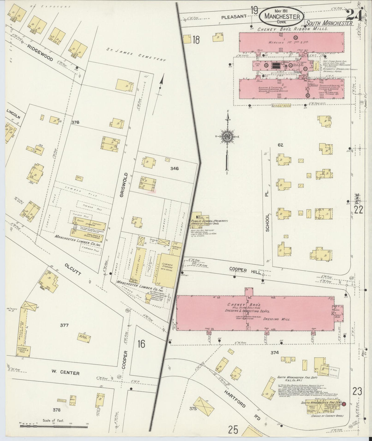 Sanborn Fire Insurance Map from Manchester, Hartford County, Connecticut (1911), Sheet #0024 - Historic Sanborn Fire Insurance Map Print, vintage old map wall art, antique decor, genealogy gift, Connecticut Connecticut map