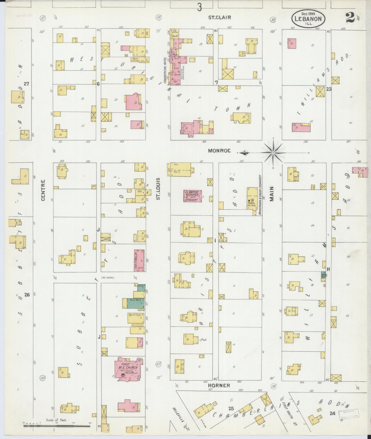 Sanborn Fire Insurance Map from Lebanon, Saint Clair County, Illinois (1899), Sheet #0002 - Complete Map Set gallery image, historic Sanborn map, vintage wall art, Illinois Illinois