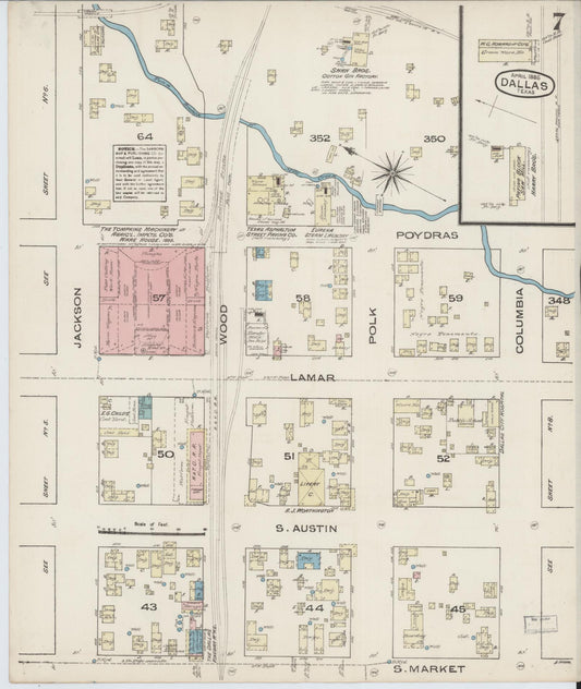 Sanborn Fire Insurance Map from Dallas, Dallas County, Texas (1885), Sheet #0007 - Historic Sanborn Fire Insurance Map Print, vintage old map wall art, antique decor, genealogy gift, Texas Texas map