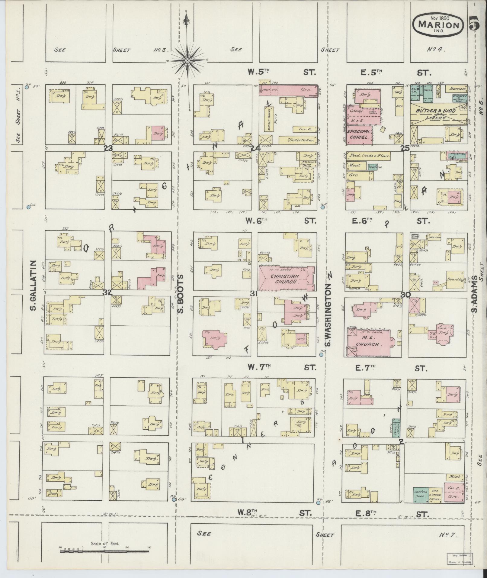 Sanborn Fire Insurance Map from Marion, Grant County, Indiana (1890), Sheet #0005 - Historic Sanborn Fire Insurance Map Print, vintage old map wall art, antique decor, genealogy gift, Indiana Indiana map
