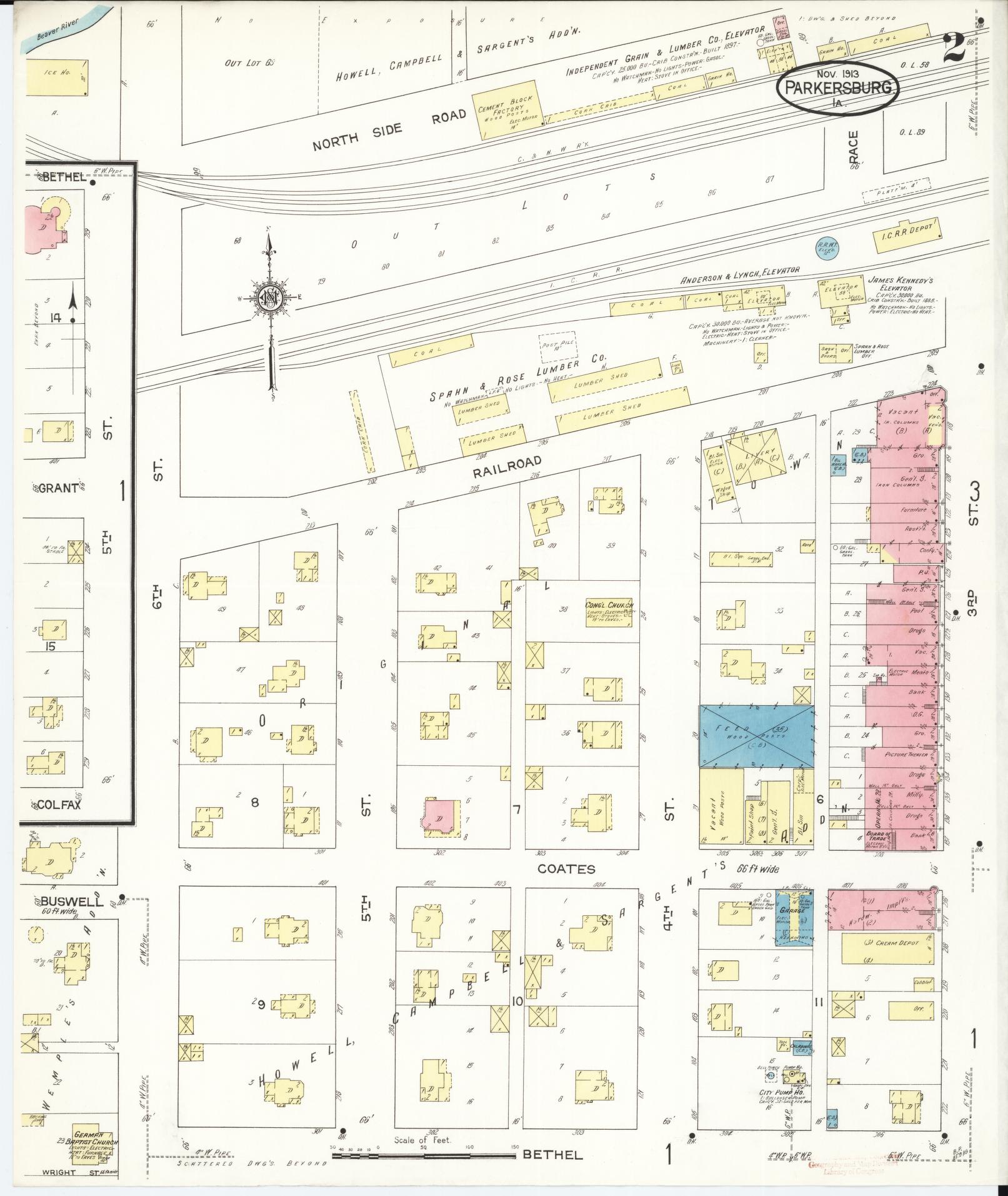 Sanborn Fire Insurance Map from Parkersburg, Butler County, Iowa (1913), Sheet #0002 - Historic Sanborn Fire Insurance Map Print, vintage old map wall art