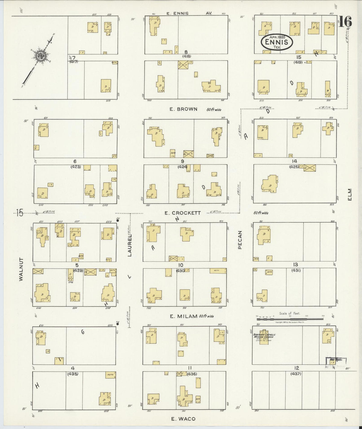 Sanborn Fire Insurance Map from Ennis, Ellis County, Texas (1920), Sheet #0016 - Complete Map Set gallery image, historic Sanborn map, vintage wall art, Texas Texas