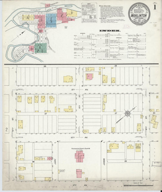 Sanborn Fire Insurance Map from Marlinton, Pocahontas County, West Virginia (1912), Sheet #0001 - Historic Sanborn Fire Insurance Map Print, vintage old map wall art, antique decor, genealogy gift, West Virginia West Virginia map