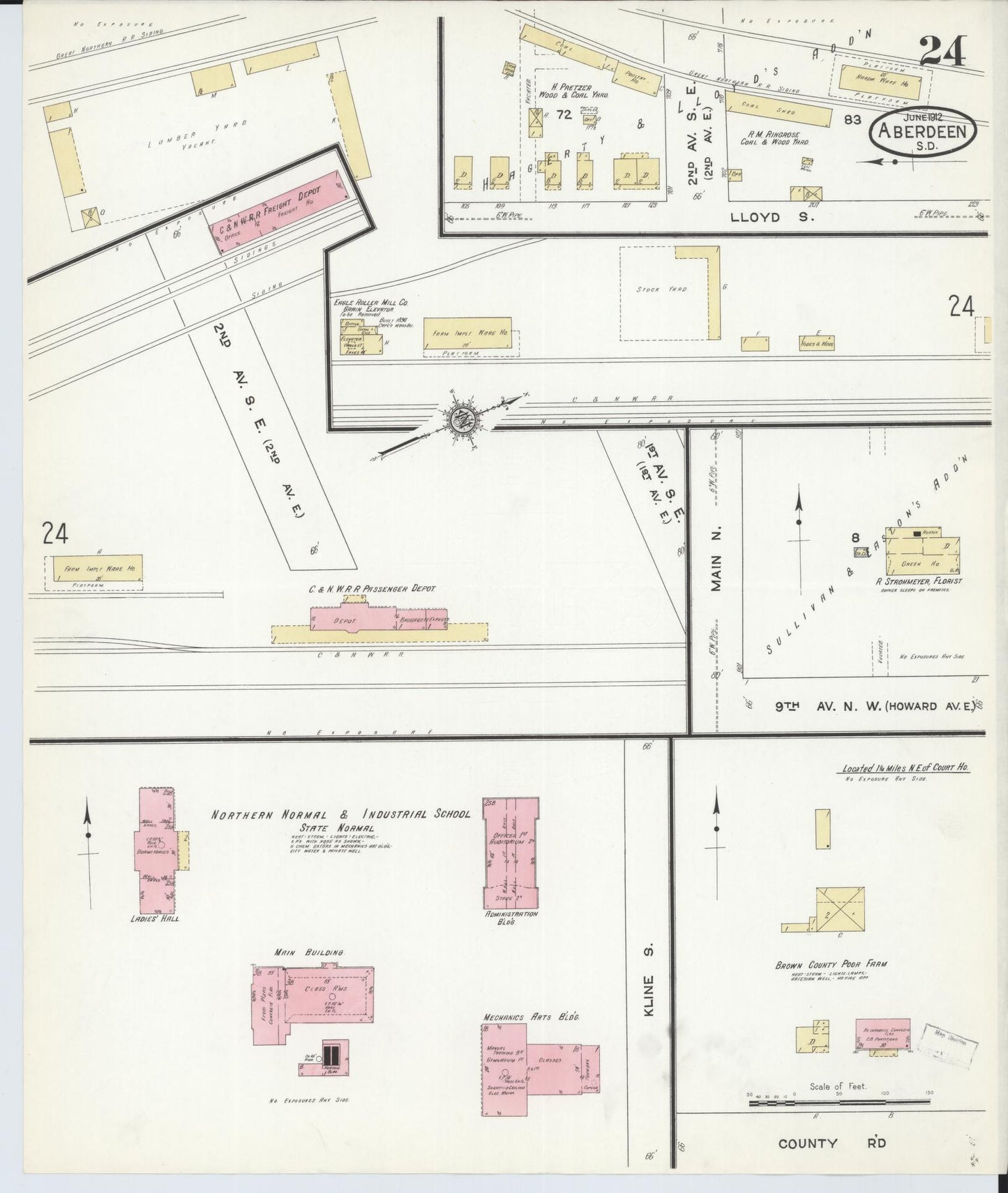 Sanborn Fire Insurance Map from Aberdeen, Brown County, South Dakota (1912), Sheet #0024 - Complete Map Set gallery image, historic Sanborn map, vintage wall art, South Dakota South Dakota