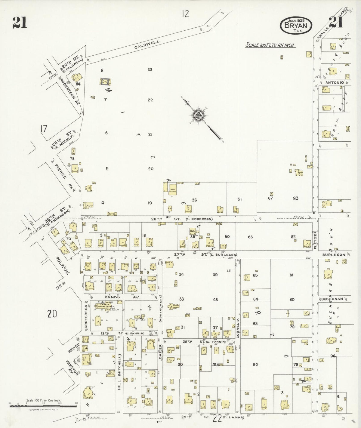 Sanborn Fire Insurance Map from Bryan, Brazos County, Texas (1925), Sheet #0021 - Historic Sanborn Fire Insurance Map Print, vintage old map wall art, antique decor, genealogy gift, Texas Texas map