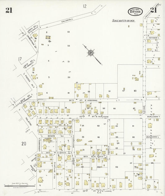 Sanborn Fire Insurance Map from Bryan, Brazos County, Texas (1925), Sheet #0021 - Historic Sanborn Fire Insurance Map Print, vintage old map wall art, antique decor, genealogy gift, Texas Texas map
