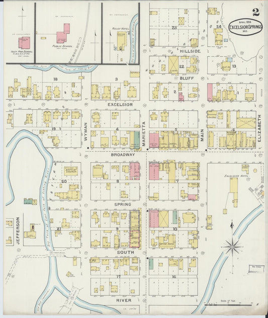 Sanborn Fire Insurance Map from Excelsior Springs, Clay County, Missouri (1894), Sheet #0002 - Historic Sanborn Fire Insurance Map Print, vintage old map wall art, antique decor, genealogy gift, Missouri Missouri map