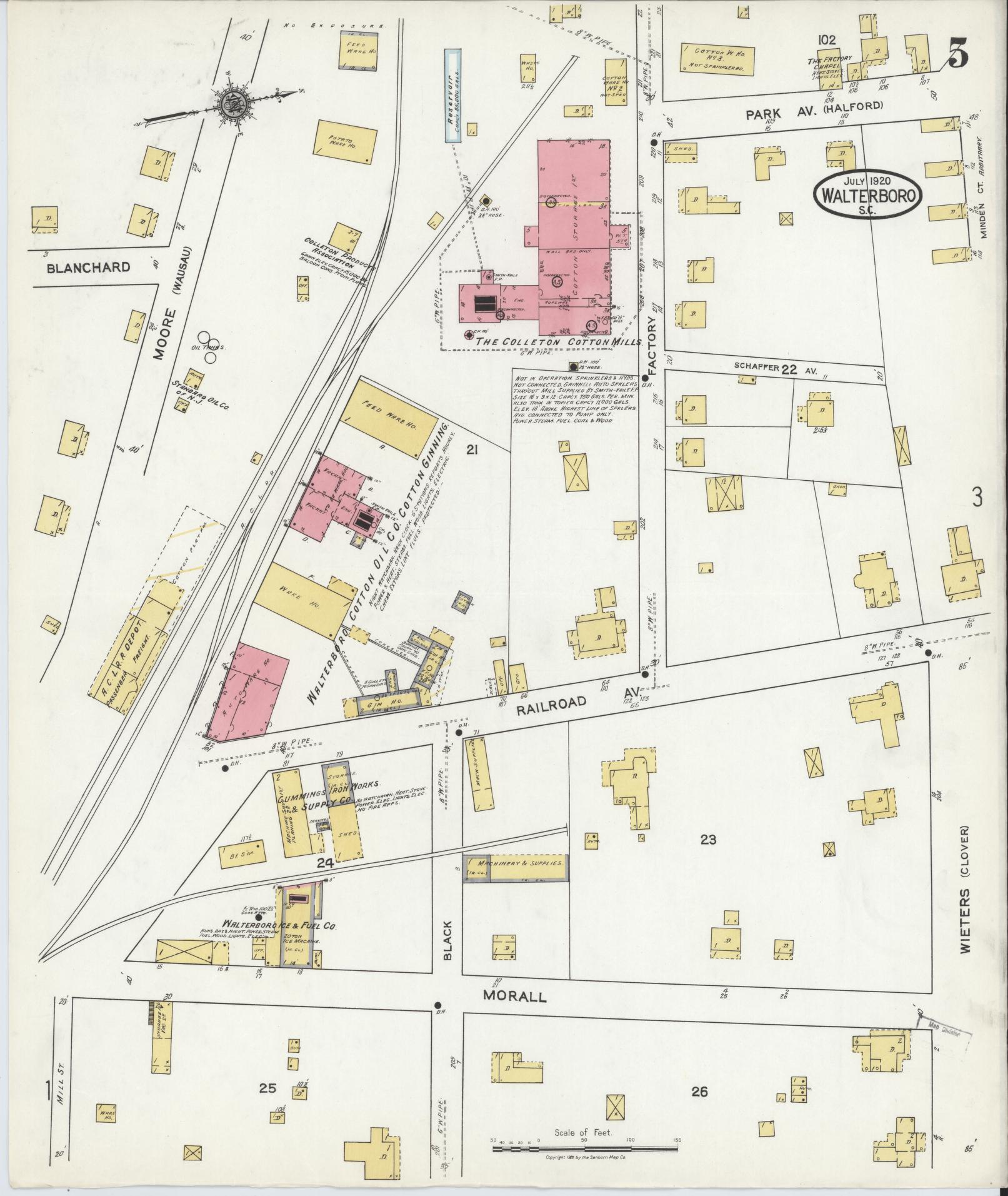 Sanborn Fire Insurance Map from Walterboro, Colleton County, South Carolina (1920), Sheet #0005 - Complete Map Set gallery image, historic Sanborn map, vintage wall art, South Carolina South Carolina
